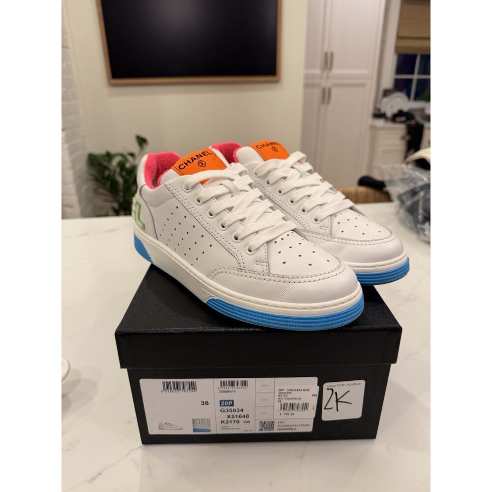 CHANEL Sneaker Multi White Leather Low Top Logo Sneakers Size 38 US 7.5/8